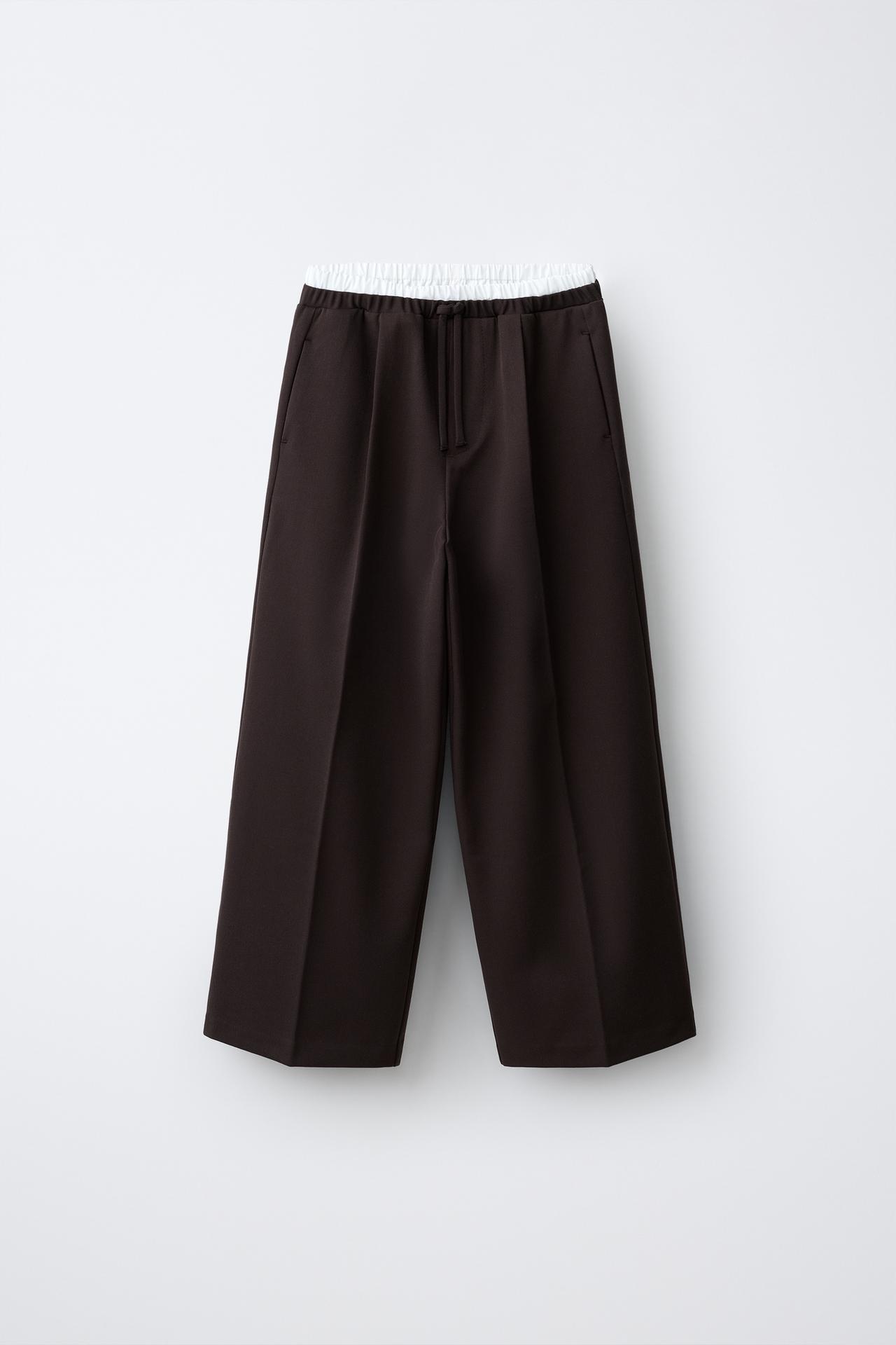 DOUBLE WAISTBAND WIDE LEG PANTS — Brown