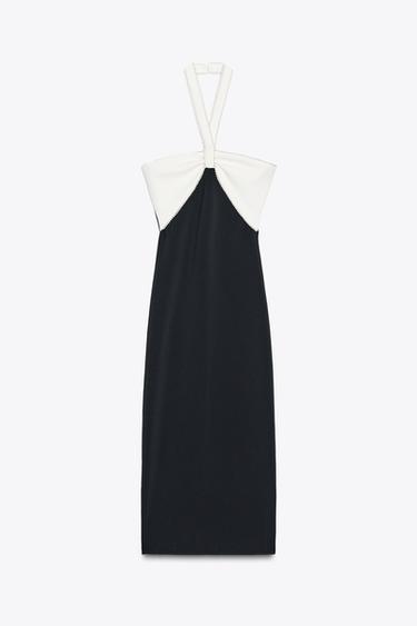 Zara 彈性蝴蝶結中長版洋裝 - 黑色 / 白色