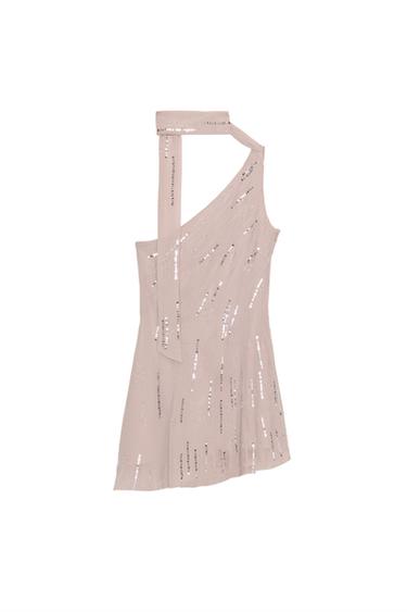 SHORT SEQUINNED FOULARD DRESS