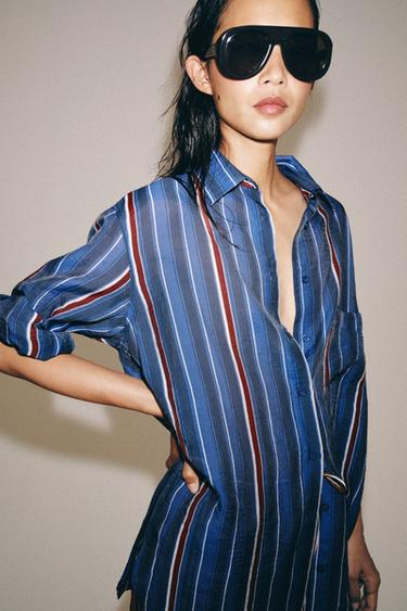 CHEMISE LONGUE À RAYURES ZW COLLECTION - Bleu de Zara - Image 1
