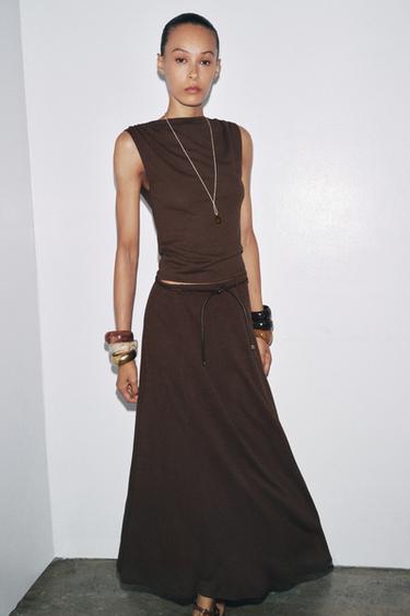 KNITTED CUT-OUT SKIRT WITH BELT - Brown by Zara - Image 1