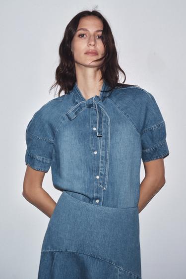 قميص DENIM بربطة ZW COLLECTION - أزرق وسط الخاص بـ Zara