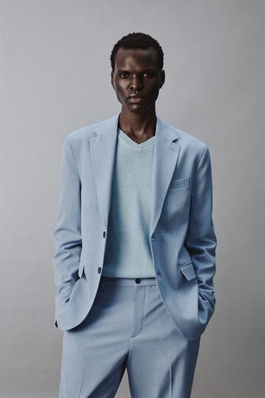 Zara 舒適版修身紋理西裝外套 - 天藍色