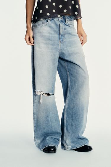 TRF RIPPED MID-WAIST BAGGY JEANS - Light blue by Zara