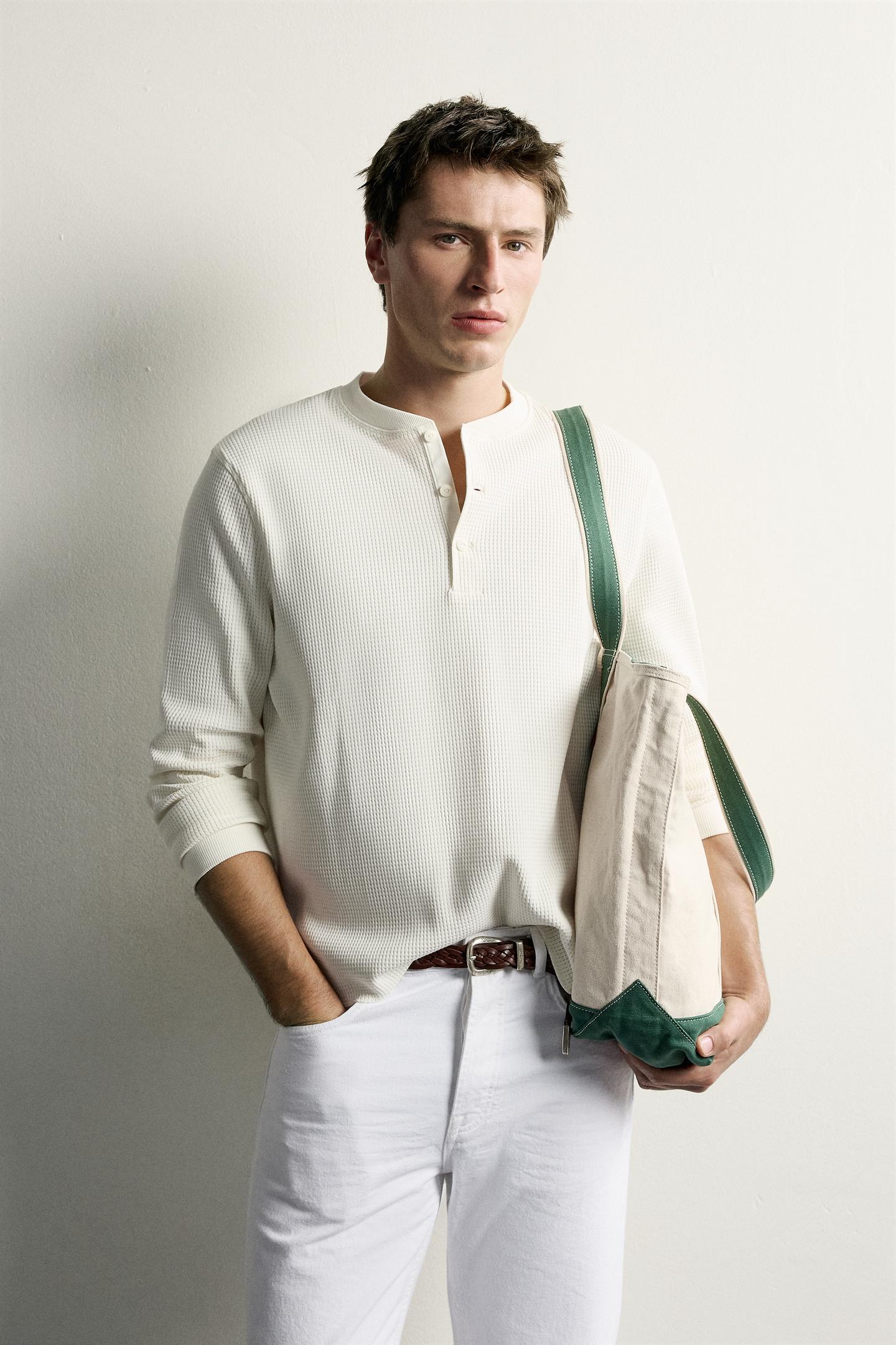 Мужская футболка Zara Waffle-Knit Henley, цвет: Экрю — фото 2