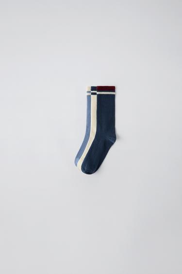 Zara THREE-PACK OF STRIPED CREW SOCKS - Blue
