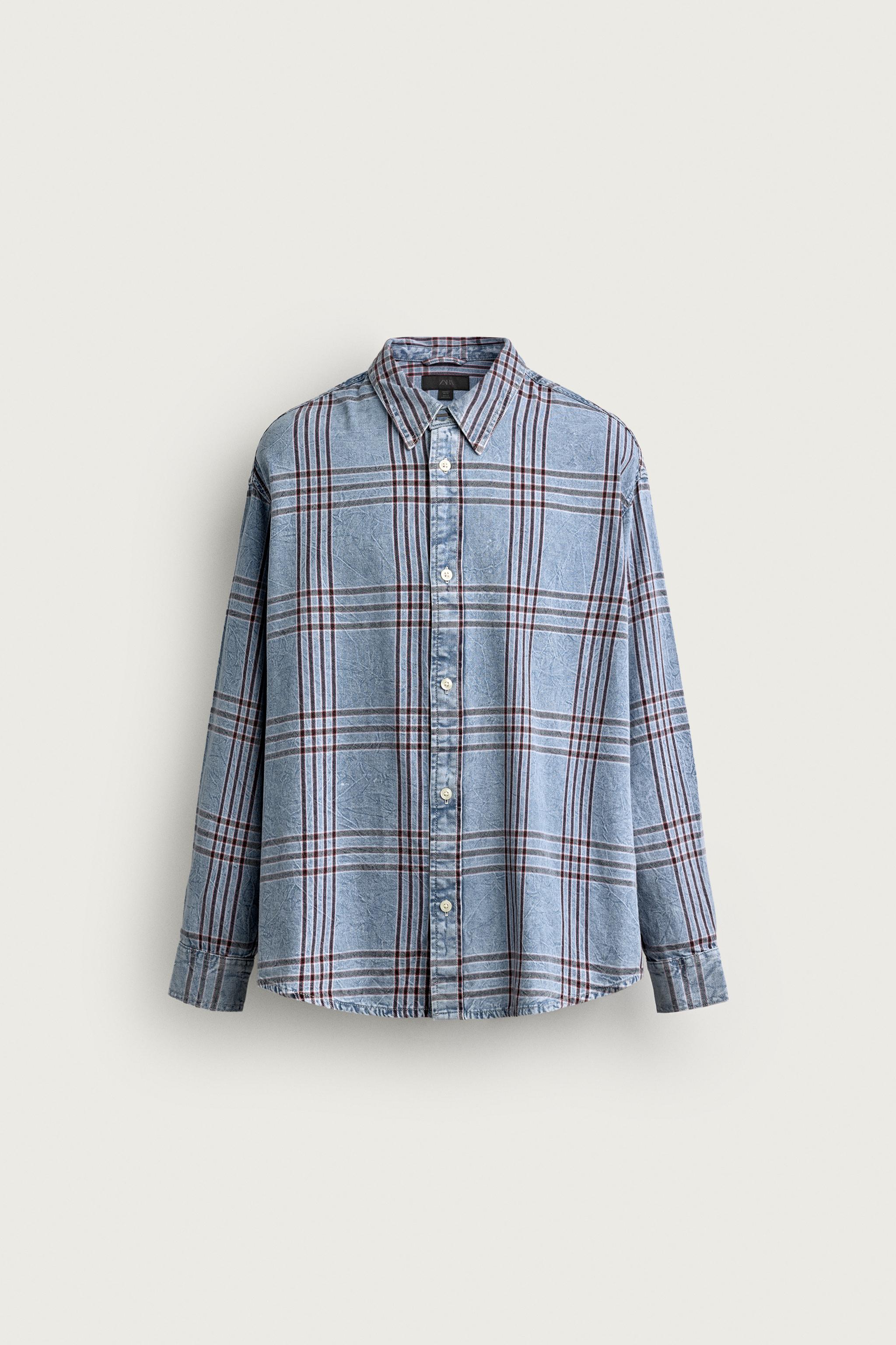 PLAID RELAXED-FIT DENIM SHIRT - Light blue | ZARA Canada