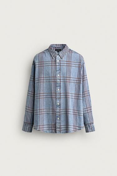 Zara 格紋寬鬆版丹寧襯衫 - 淡藍色