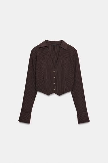 Zara STRIPED SHOULDER PAD CROP SHIRT - Brown / Ecru
