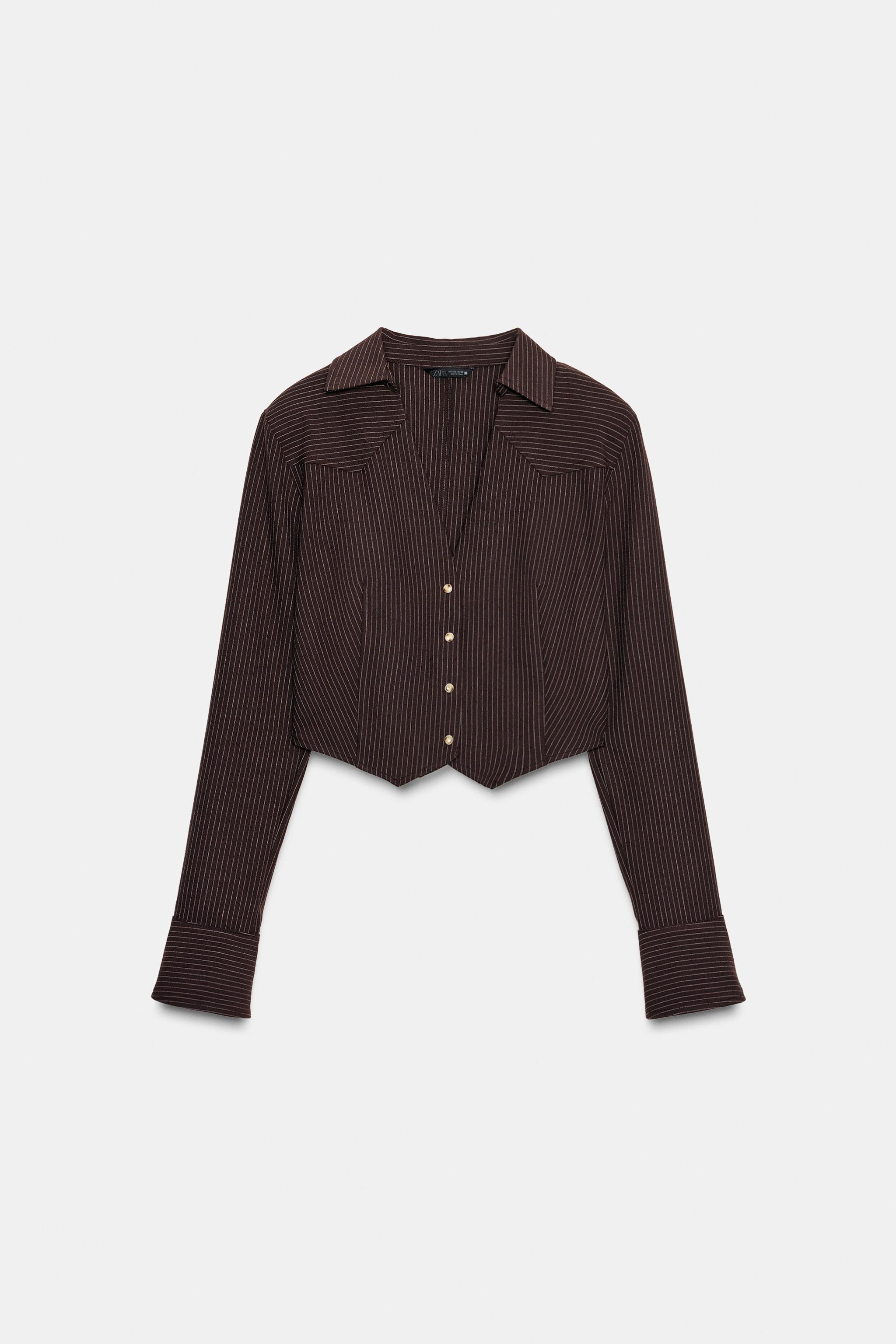 STRIPED SHOULDER PAD CROP SHIRT