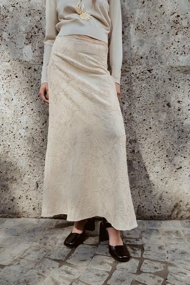 Zara EMBROIDERED MIDI SKIRT ZW COLLECTION - Ecru