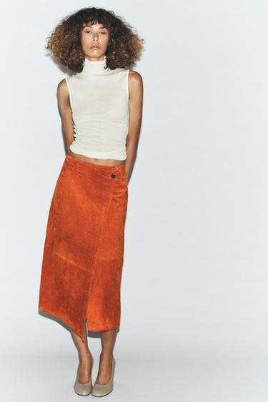 Zara 100% SUEDE LEATHER WRAP MIDI SKIRT - Orange