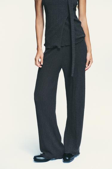 Zara TEXTURED STRAIGHT LEG PANTS - Blue / Gray