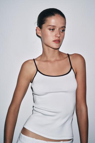Zara CONTRAST TANK TOP - Brown / White