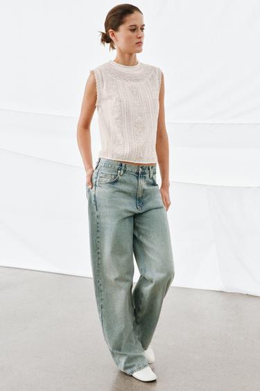 Zara TIKANDIGA VARRUKATETA TOP ZW COLLECTION - Ecru