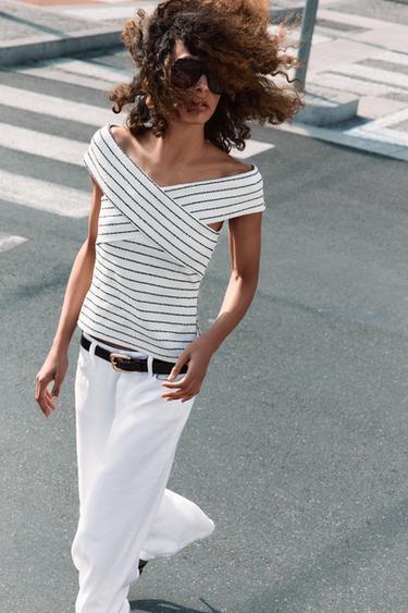 BOUCLÉ CROSSOVER TOP - White / Navy by Zara - Image 1