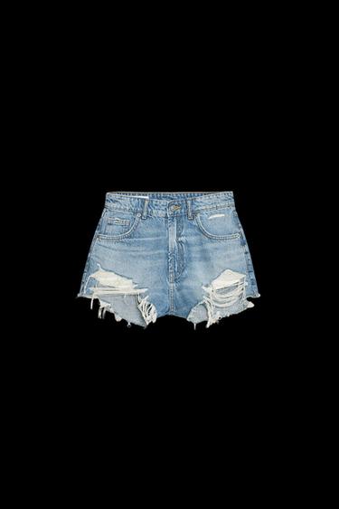 Zara CURVED HIGH-WAISTED DENIM SHORTS - Blue - Image 0