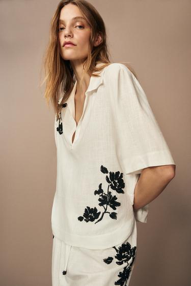 ZW COLLECTION FLORAL EMBROIDERY SHIRT - Black / White by Zara