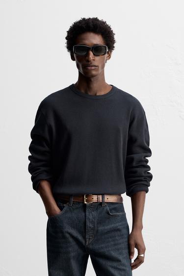 T-SHIRT MET RUITJESSTRUCTUUR - Donker marineblauw van Zara