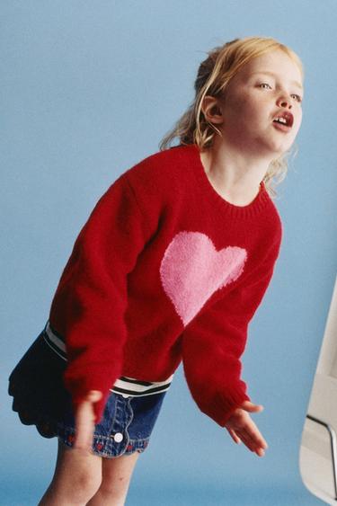 Zara HEART PRINT KNIT SWEATER - Red