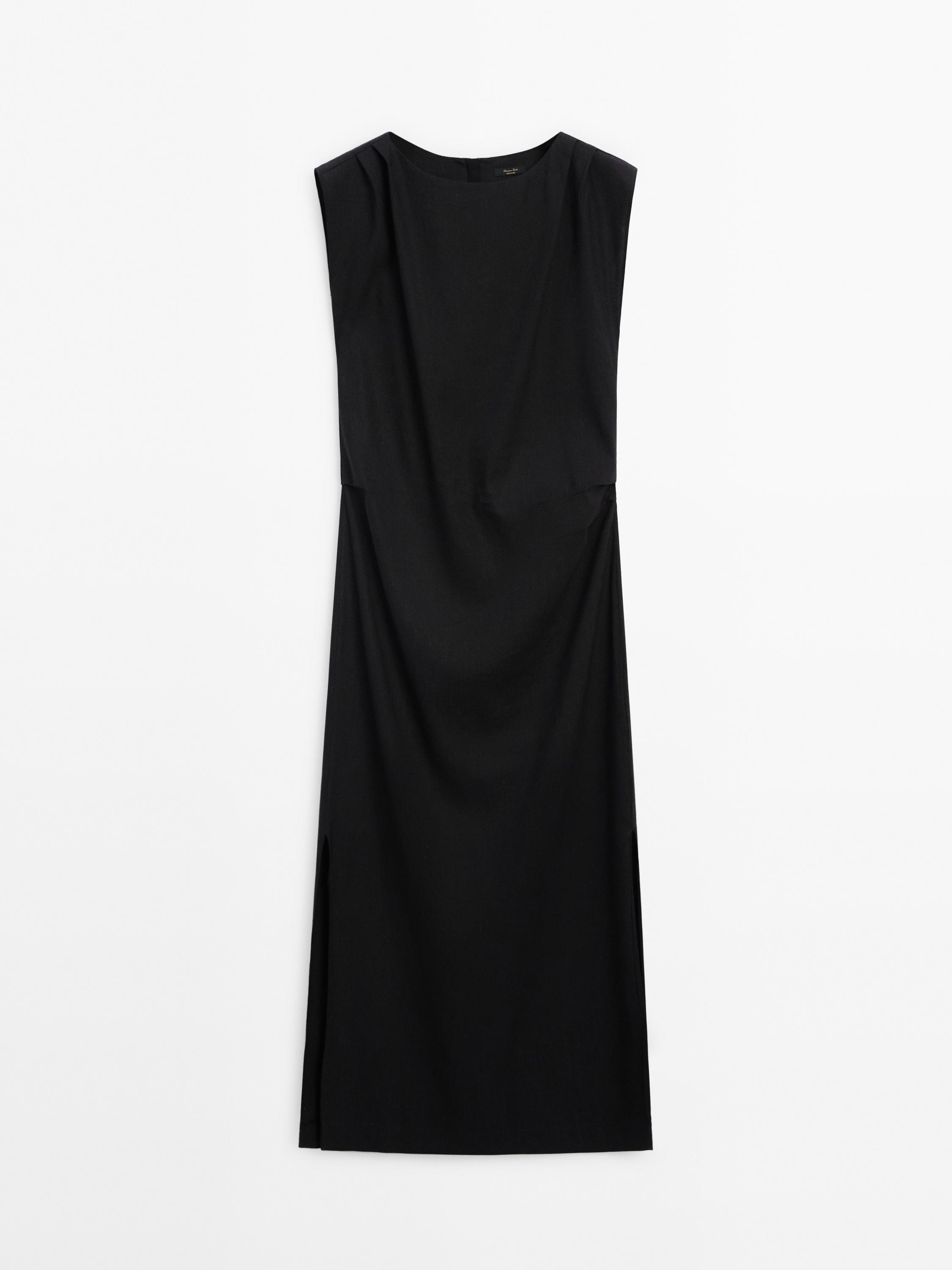 Linen blend stretch dress with pleated detail - Black