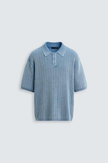 WASHED TEXTURED KNIT POLO SHIRT - Faded blue by Zara