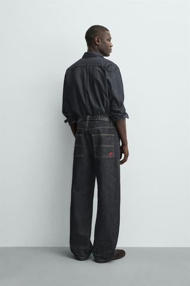 Zara EMBROIDERED HEART DENIM CHINO PANTS - Blue