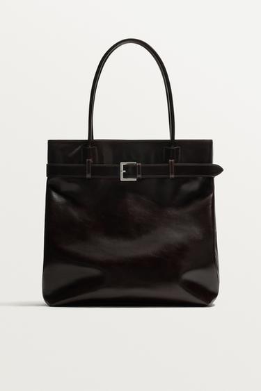 LEATHER TOTE BAG WITH BELT - Brown by Zara