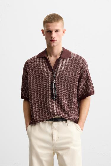 Zara CONTRAST TEXTURED KNIT POLO - Burgundy