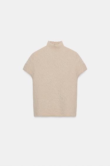 CRINKLE-EFFECT FAUX PEARL KNIT TOP - Beige-pink by Zara