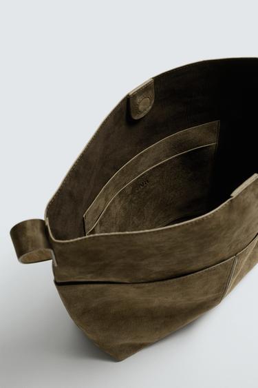 LEATHER TOTE BAG - Khaki Green by Zara - Image 3