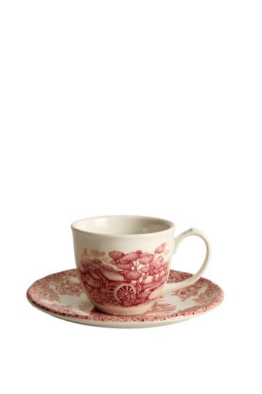 FLORAL AND LANDSCAPE EARTHENWARE COFFEE CUP AND SAUCER - Burgundy by Zara