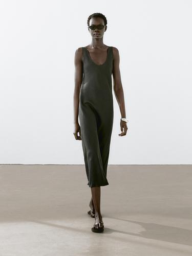Zara 100% linen midi dress - Dark green - Image 0