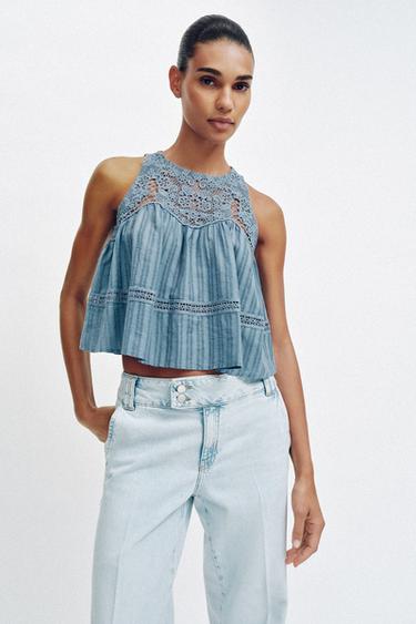 TOP WITH OPEN BACK - Blue/White by Zara