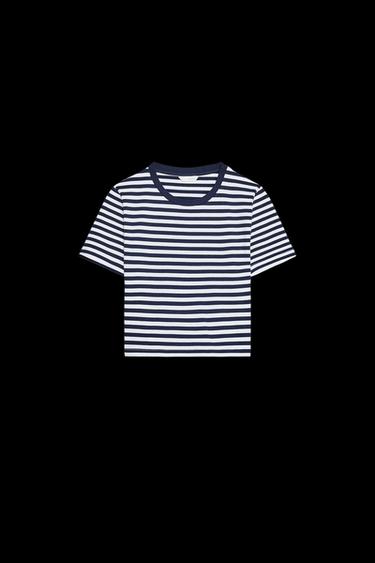 Zara CROPPED STRETCH T-SHIRT - Blue / White - Image 0