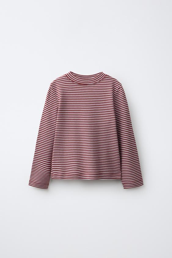 Zara 棉質莫代爾條紋 T 恤 - 絳紅色 - 圖片 0