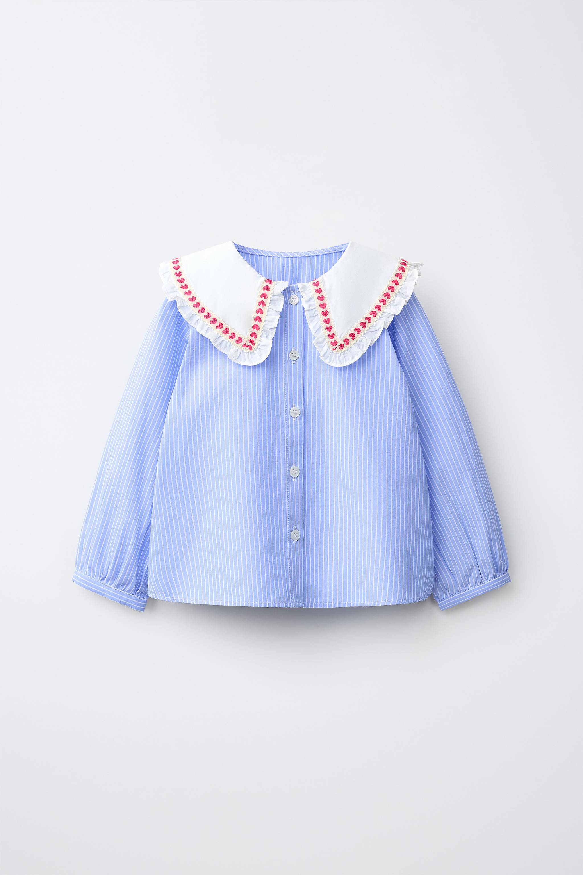 STRIPED HEART PETER PAN COLLAR SHIRT — Blue
