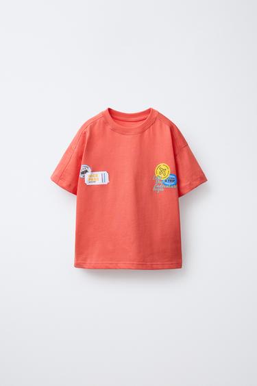 PRINTED PATCH T-SHIRT - Intense coral by Zara