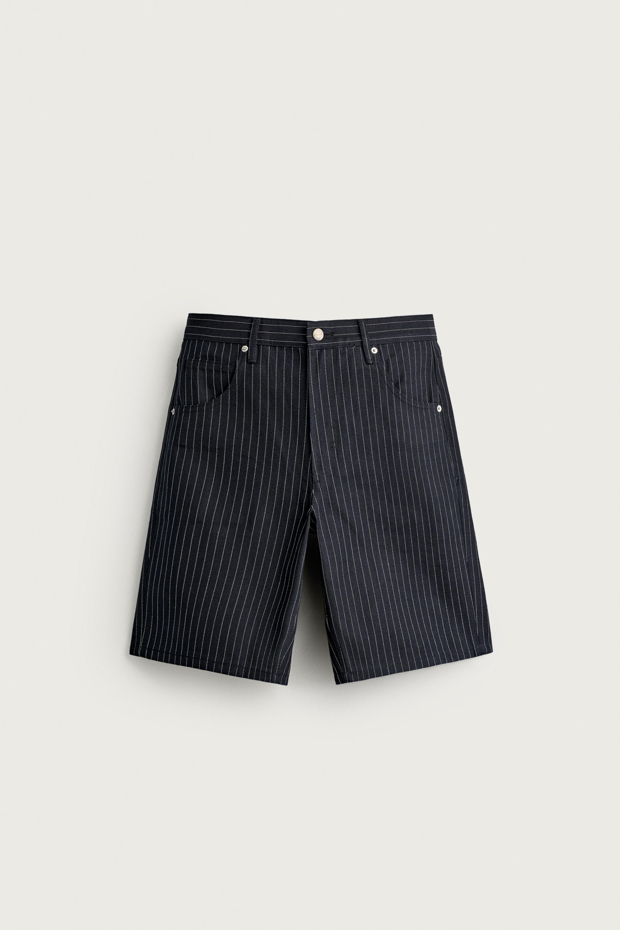 PINSTRIPE BAGGY FIT SHORTS — Dark navy