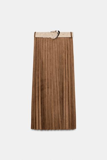 Zara SUEDE EFFECT PLEATED MIDI SKIRT WITH BELT - Light brown