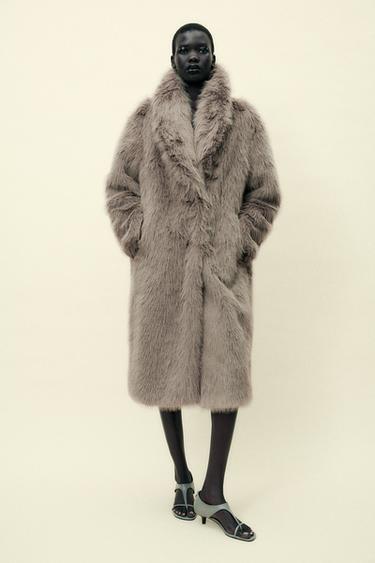 LONG FAUX FUR COAT - Taupe grey by Zara - Image 0