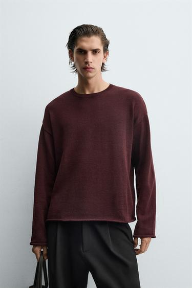 TEXTURED TURN-UP TRIM SWEATER - Burgundy by Zara