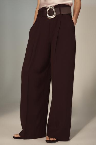 Zara WIDE LEG BELTED PANTS - Dark maroon
