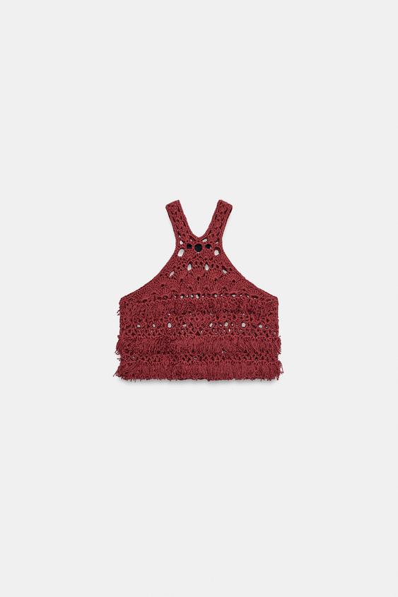 FRINGED KNIT CROP TOP - Burgundy by Zara - Image 0