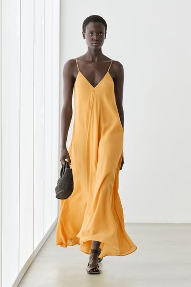 Zara Linen blend flowing V-neck dress - Yellow - Image 0