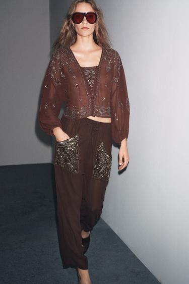 GEORGETTE BLOUSE WITH EMBROIDERY AND BEADING - Brown by Zara