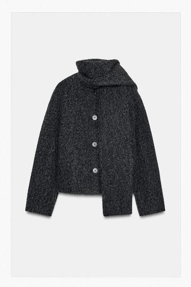 Zara SHORT COAT WITH BOUCLÉ SCARF - Dark gray