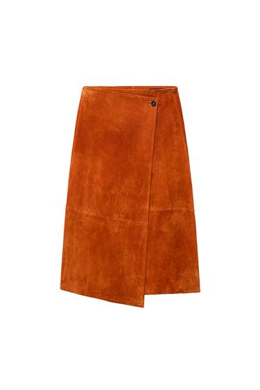 100% SUEDE LEATHER WRAP MIDI SKIRT - Orange by Zara