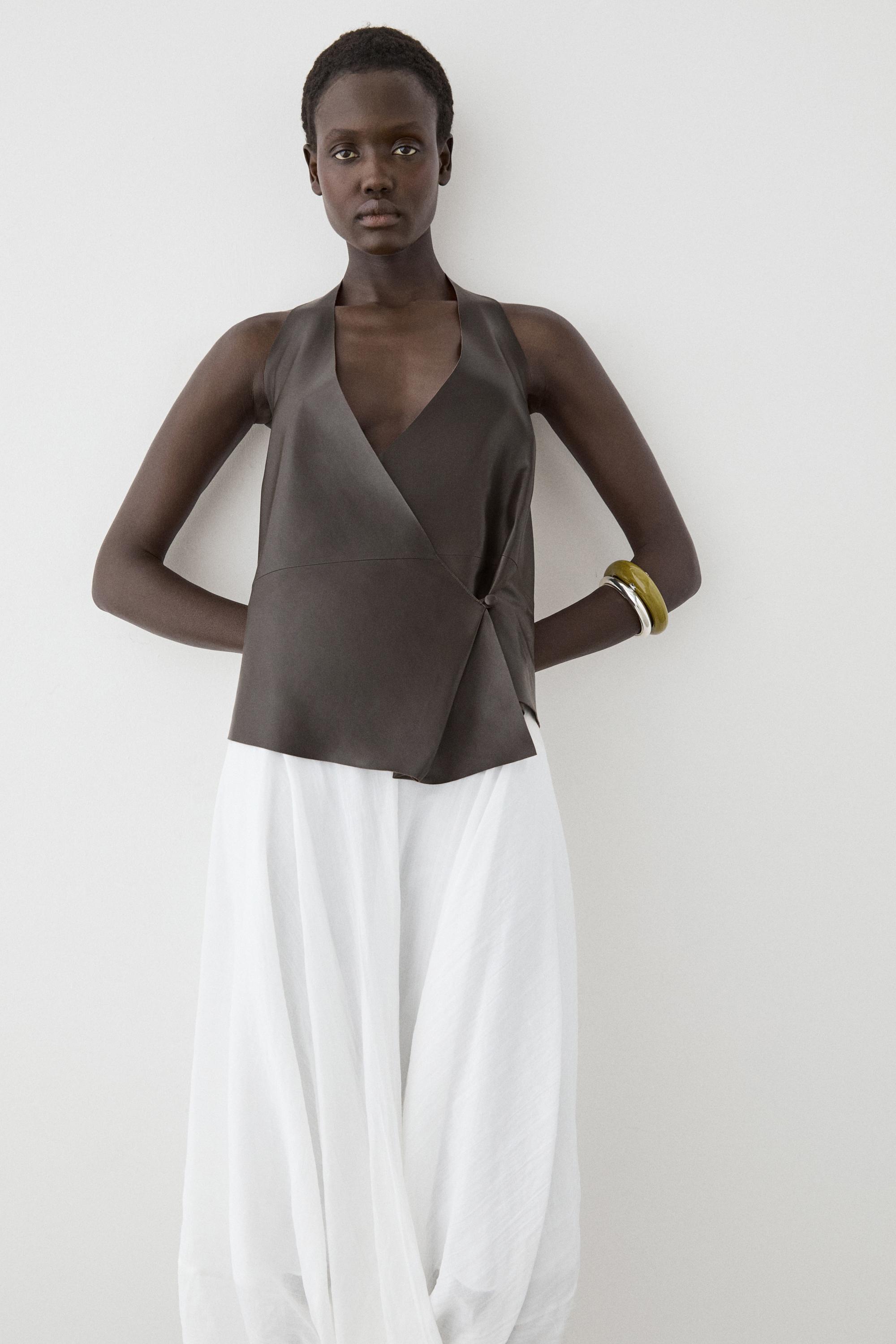 Nappa leather wrap top — Brown