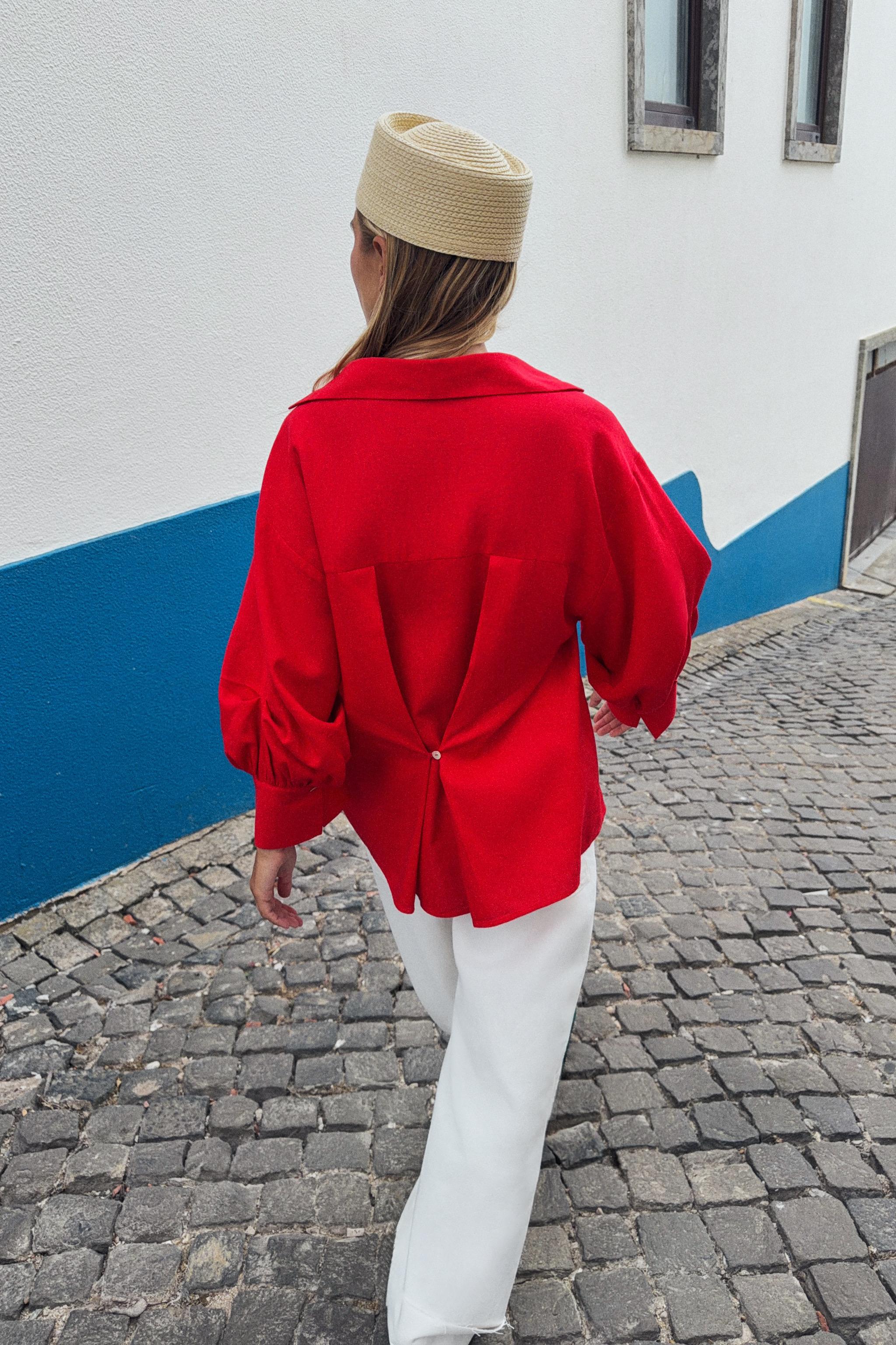 LINEN BLEND PUFF SLEEVE SHIRT — Red